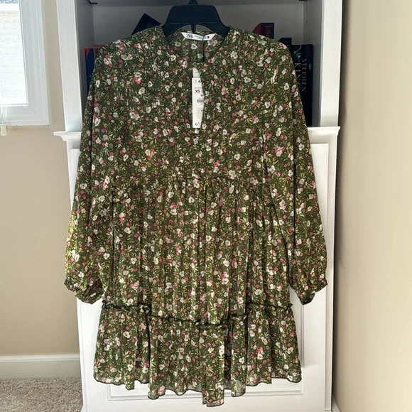 NWT Zara Women's Multicolor Long Sleeve Floral Metallic Ruffle Mini Dress XS - Picture 3 of 8